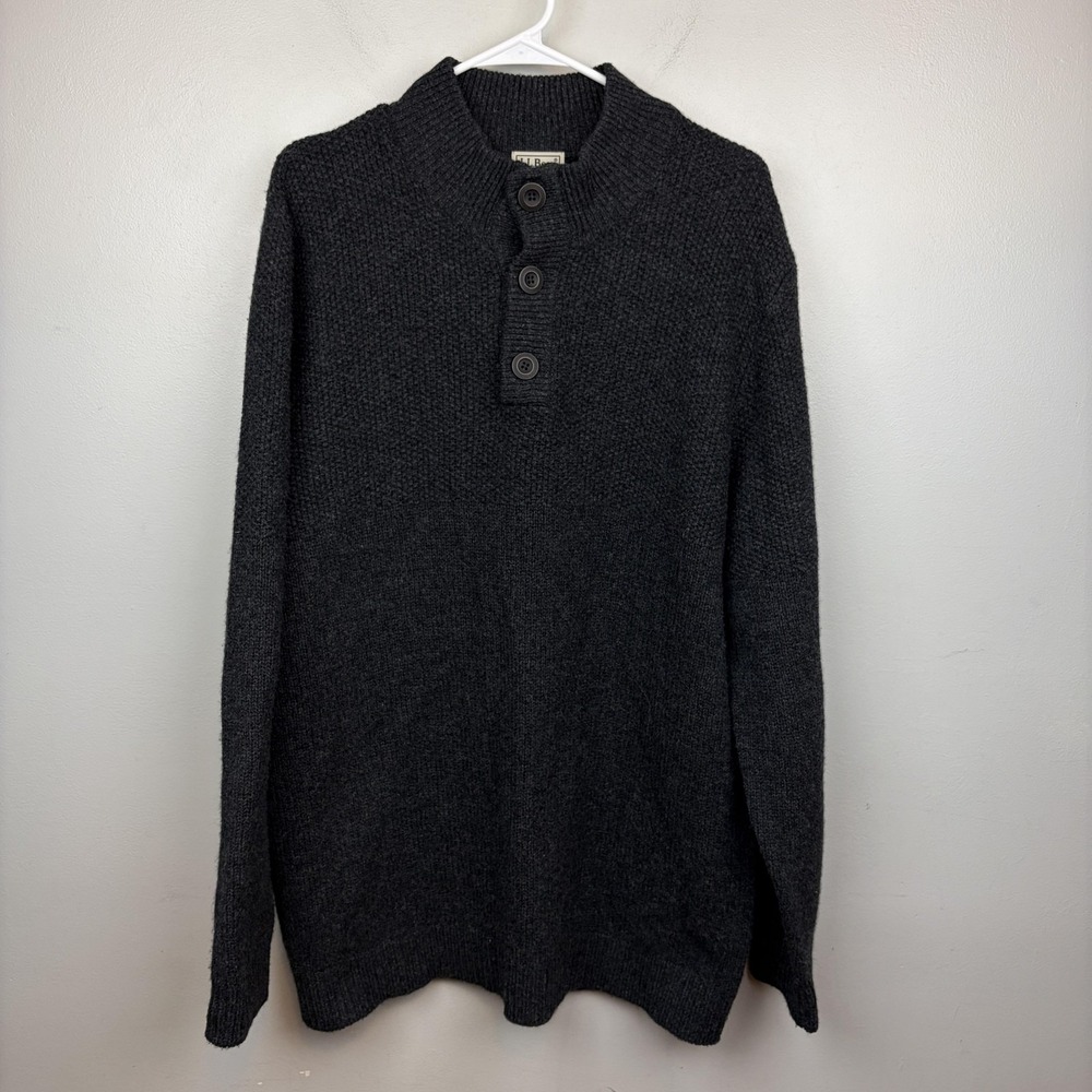 L.L.Bean Sweater Mens XLT Tall Gray Henley Mock Neck Wool Waffle Knit Pullover - Picture 2 of 9